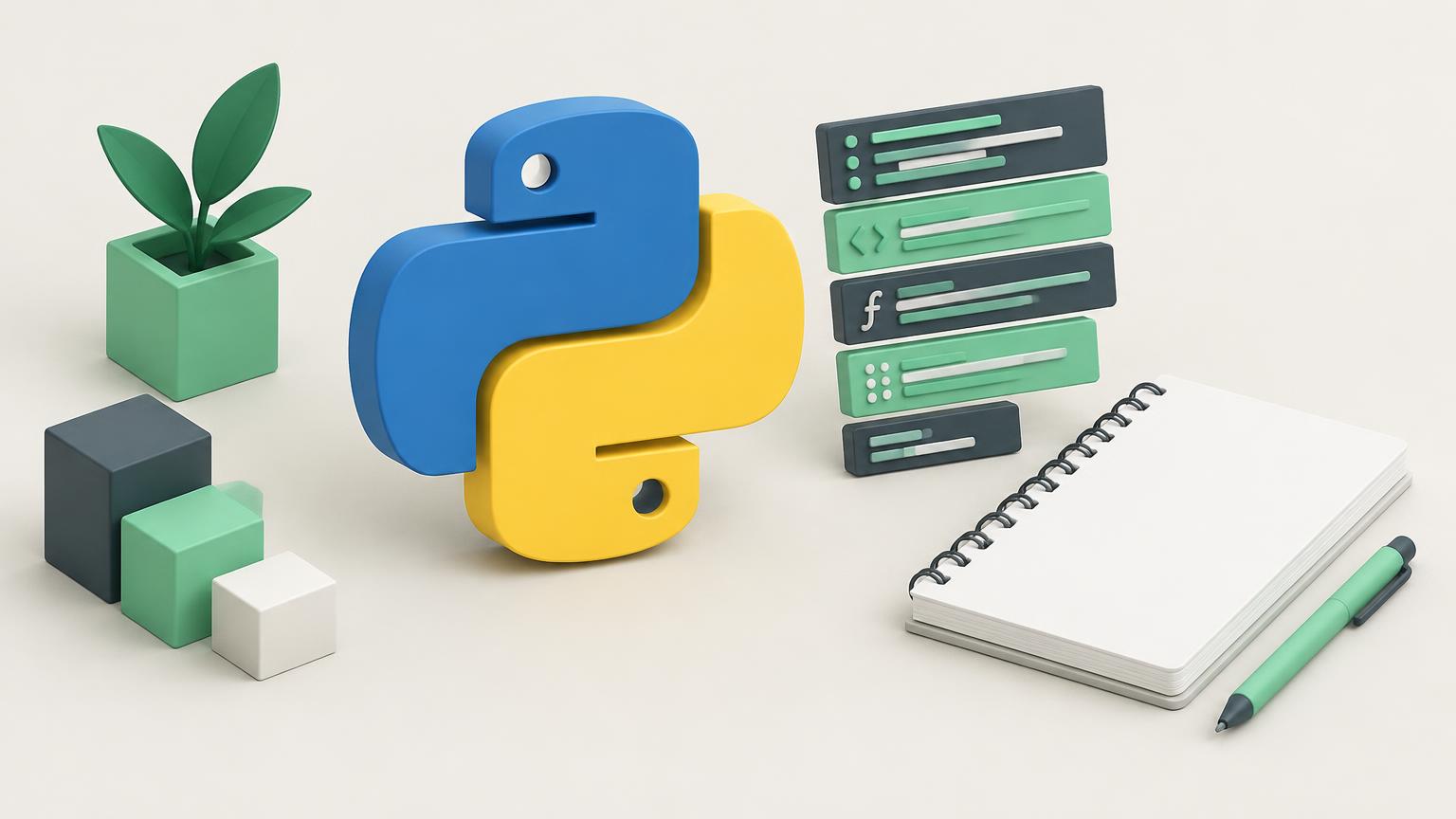 Python symbol beside modular code blocks and a notebook